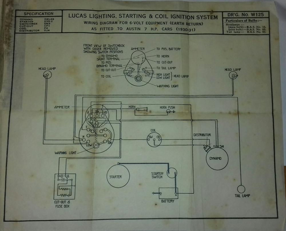 Wiring diagram - 1930 Mulliner Box Saloon. Austin A40 Drawing Austin Seven Friends